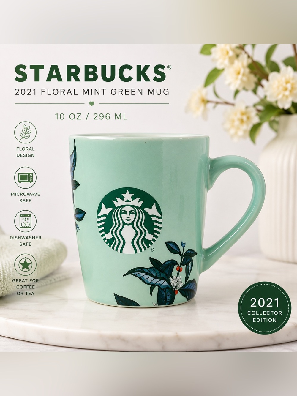 Starbucks 2021 Mint Green Floral Coffee Mug 10 oz Ceramic Tea Cup